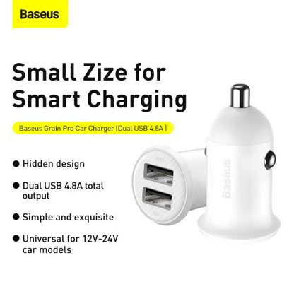 Baseus automobilinis įkroviklis Grain Pro Dual USB 4.8A (CCALLP-02), balta spalva
