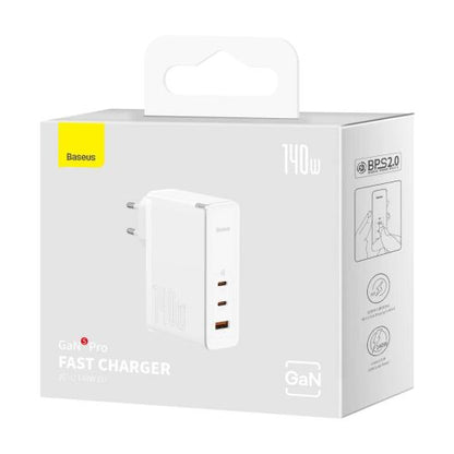Baseus kelioninis įkroviklis GaN5 Pro Fast sieninis įkroviklis, C+C+U, 140 W (CCGP100202), balta spalva