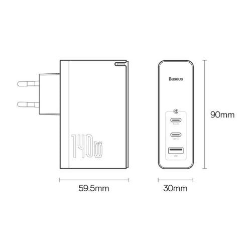 Baseus kelioninis įkroviklis GaN5 Pro Fast sieninis įkroviklis, C+C+U, 140 W (CCGP100202), balta spalva