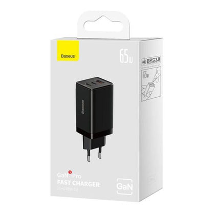 Baseus kelioninis įkroviklis GaN5 Pro Fast sieninis įkroviklis, C+C+U, QC, AFC, PD 65 W su Type-C į Type-C (100 W) 1m
