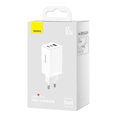 Baseus kelioninis įkroviklis GaN5 Pro Fast sieninis įkroviklis, C+C+U, QC, AFC, PD 65 W su Type-C į Type-C (100 W) 1m