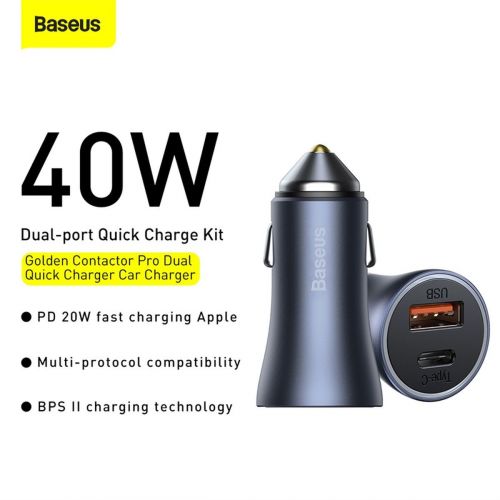 Baseus automobilinis įkroviklis Golden Contactor Pro Dual Quick įkroviklis U+C Power Delivery 3.0 Quick Charge 4, SCP FCP AFC