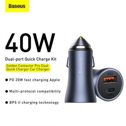 Baseus automobilinis įkroviklis Golden Contactor Pro Dual Quick įkroviklis U+C Power Delivery 3.0 Quick Charge 4, SCP FCP AFC