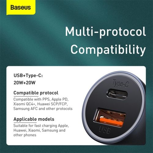 Baseus automobilinis įkroviklis Golden Contactor Pro Dual Quick įkroviklis U+C Power Delivery 3.0 Quick Charge 4, SCP FCP AFC