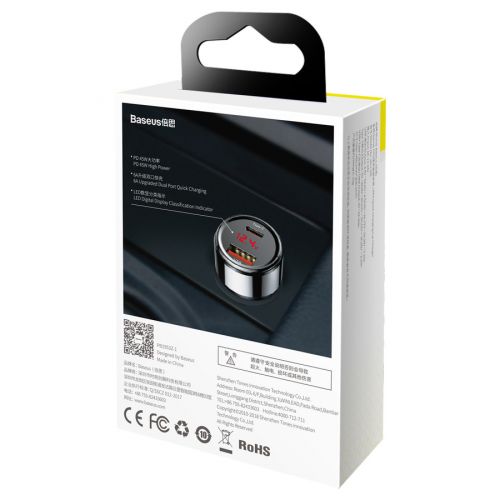 Baseus automobilinis įkroviklis Magic Series PPS skaitmeninis display (Type-C PD+Intelligent QC) 45 W CCMLC20C-01, juoda