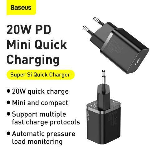 Baseus kelioninis įkroviklis set Super Si 1C PD greitasis įkroviklis 20 W (CCSUP-B01), juoda spalva