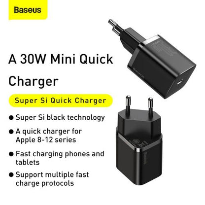 Baseus kelioninis įkroviklis Super Si 1C Quick įkroviklis PD 30 W (CCSUP-J01), juoda spalva