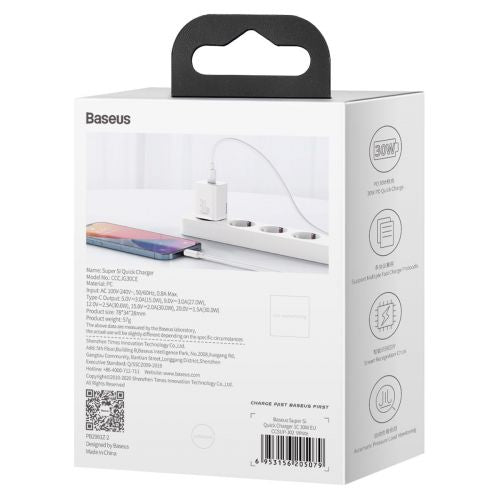Baseus kelioninis įkroviklis Super Si 1C Quick įkroviklis PD 30 W (CCSUP-J02), balta spalva