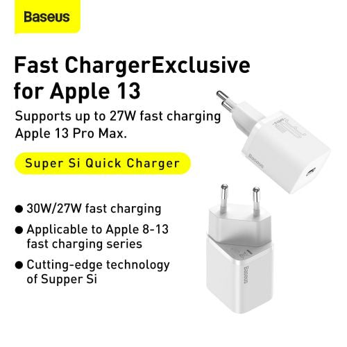 Baseus kelioninis įkroviklis Super Si 1C Quick įkroviklis PD 30 W (CCSUP-J02), balta spalva