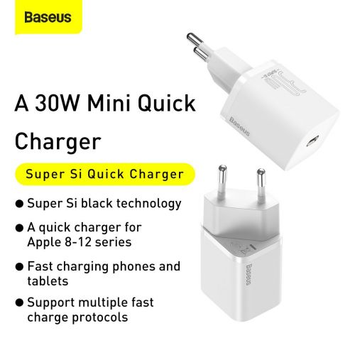 Baseus kelioninis įkroviklis Super Si 1C Quick įkroviklis PD 30 W (CCSUP-J02), balta spalva