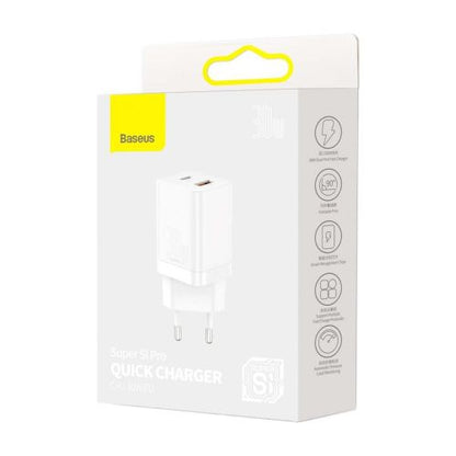 Baseus kelioninis įkroviklis Super Si Pro mini greitasis įkroviklis, C+U, PD 3.0, QC 3.0 30 W (CCSUPP-E02), balta spalva