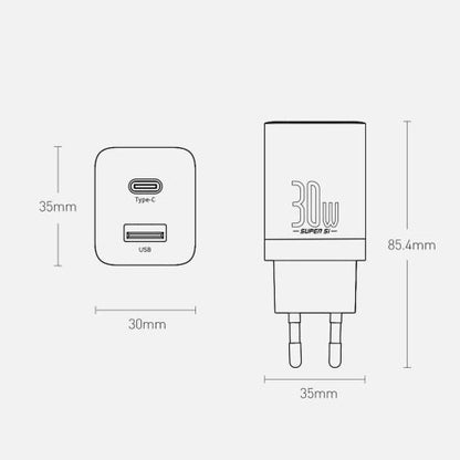 Baseus kelioninis įkroviklis Super Si Pro mini greitasis įkroviklis, C+U, PD 3.0, QC 3.0 30 W (CCSUPP-E02), balta spalva