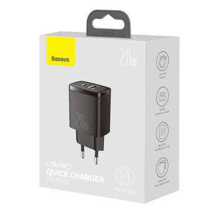 Baseus kelioninis įkroviklis Compact Quick įkroviklis U+C 20 W (CCXJ-B01), juoda spalva