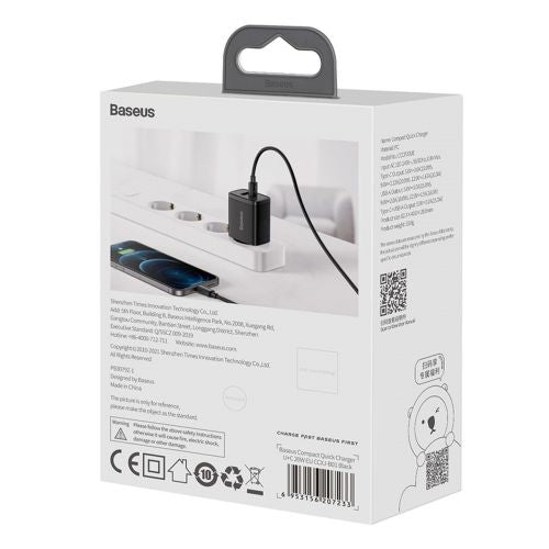 Baseus kelioninis įkroviklis Compact Quick įkroviklis U+C 20 W (CCXJ-B01), juoda spalva
