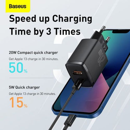 Baseus kelioninis įkroviklis Compact Quick įkroviklis U+C 20 W (CCXJ-B01), juoda spalva