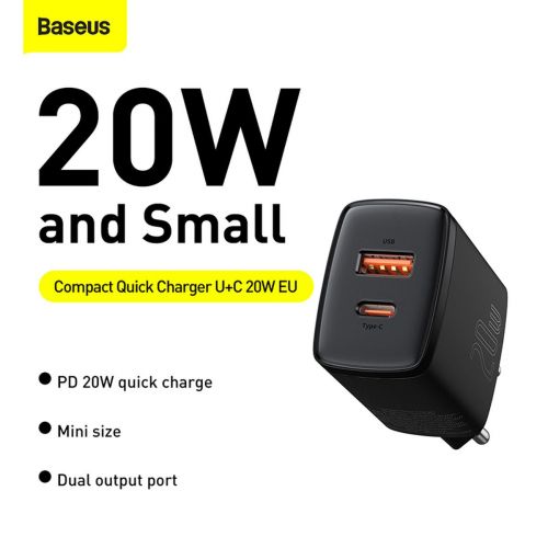 Baseus kelioninis įkroviklis Compact Quick įkroviklis U+C 20 W (CCXJ-B01), juoda spalva