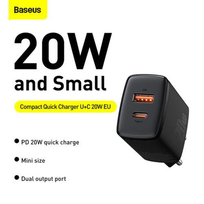 Baseus kelioninis įkroviklis Compact Quick įkroviklis U+C 20 W (CCXJ-B01), juoda spalva