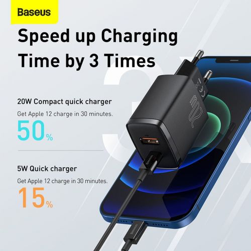 Baseus kelioninis įkroviklis Compact Quick įkroviklis U+C 20 W (CCXJ-B01), juoda spalva