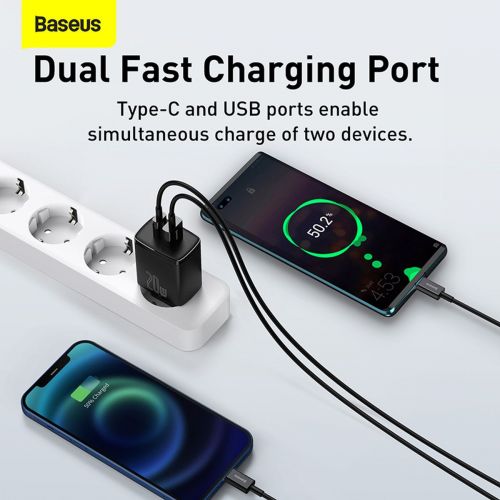 Baseus kelioninis įkroviklis Compact Quick įkroviklis U+C 20 W (CCXJ-B01), juoda spalva
