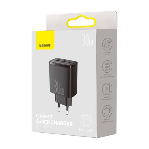 Baseus kelioninis įkroviklis Compact Quick įkroviklis U+U+C PD3.0, QC 3.0 30 W (CCXJ-E01), juoda spalva