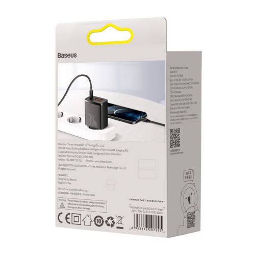 Baseus kelioninis įkroviklis Compact Quick įkroviklis U+U+C PD3.0, QC 3.0 30 W (CCXJ-E01), juoda spalva