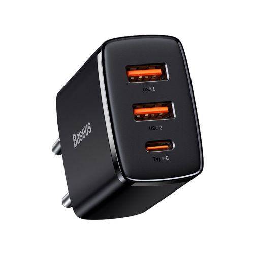 Baseus kelioninis įkroviklis Compact Quick įkroviklis U+U+C PD3.0, QC 3.0 30 W (CCXJ-E01), juoda spalva