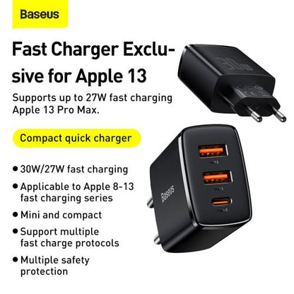 Baseus kelioninis įkroviklis Compact Quick įkroviklis U+U+C PD3.0, QC 3.0 30 W (CCXJ-E01), juoda spalva