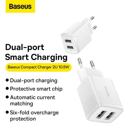 Baseus kelioninis įkroviklis Compact sieninis įkroviklis U+U, 10.5 W (CCXJ010202), balta spalva