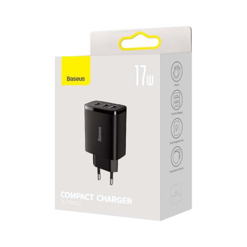 Baseus kelioninis įkroviklis Compact sieninis įkroviklis U+U+U, 17 W (CCXJ020101), juoda spalva