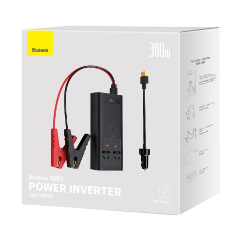 Baseus Car Power Inverter IGBT 300 W/ 220V (C+U + Dual plug) su 12V clamp cables (0.40m) ir Cigarette Lighter Socket laidas