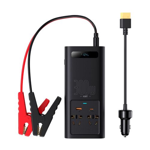 Baseus Car Power Inverter IGBT 300 W/ 220V (C+U + Dual plug) su 12V clamp cables (0.40m) ir Cigarette Lighter Socket laidas