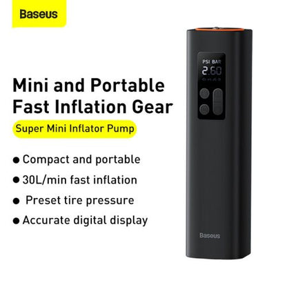 Baseus Car įrankis Super Mini Inflator Tyre Pump 15sec Fast Inflation, 4 Tires in 25 Minutes, (CRCQ000001), juoda spalva
