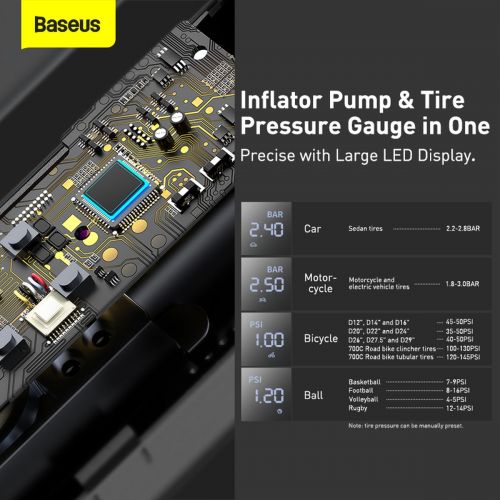 Baseus Car įrankis Super Mini Inflator Tyre Pump 15sec Fast Inflation, 4 Tires in 25 Minutes, (CRCQ000001), juoda spalva