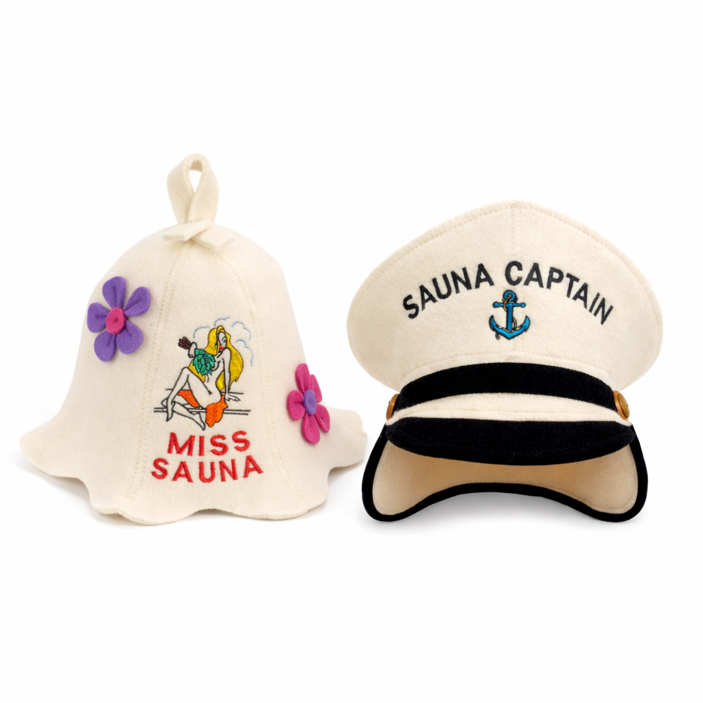 Sauna Hat "Sauna Captain" &amp; Sauna Hat "Miss Sauna" 100% Wool, Set of 2