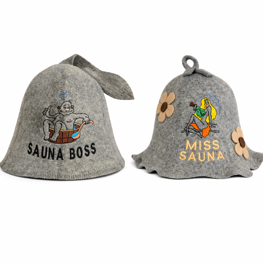 Sauna Hat "Miss Sauna" &amp; "Sauna Boss" 100% Wool, Set of 2