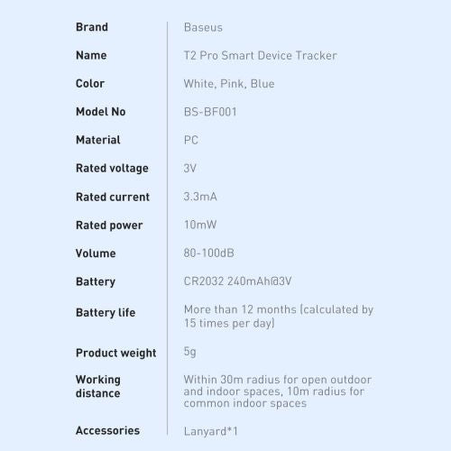 Baseus Home Intelligent T2 Pro Keychain belaidis Key ir Other Object Finder BT 5.0 (FMTP000002), balta spalva