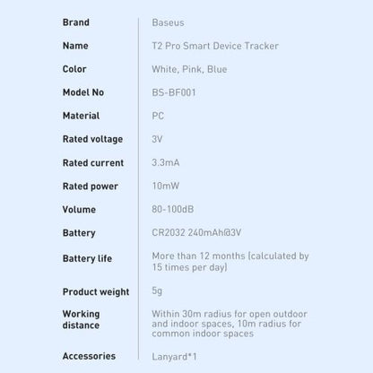 Baseus Home Intelligent T2 Pro Keychain belaidis Key ir Other Object Finder BT 5.0 (FMTP000002), balta spalva