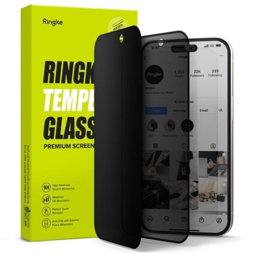 Ringke iPhone 15/ 16 ekrano apsauga Easy Slide Privacy grūdintas stiklas 9H su installation jig (2 vnt.), skaidri spalva