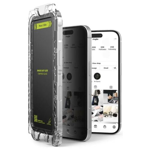 Ringke iPhone 15/ 16 ekrano apsauga Privacy Premium Easy Slide grūdintas stiklas 9H su installation jig (2 vnt.), skaidri