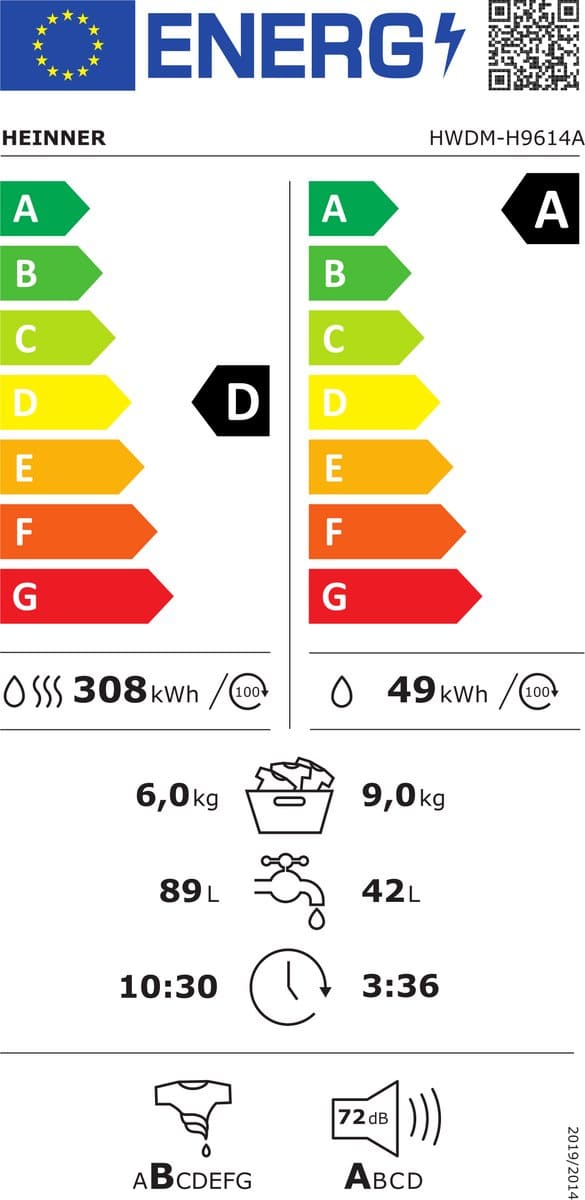 Skalbimo mašinų džiovyklė 9/6kg HWDM-H9614A HEINNER