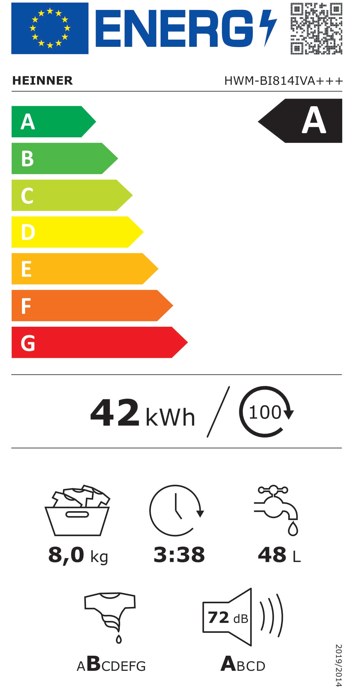 Įmontuojama Skalbimo mašina 8kg HWM-BI814IVA+++ HEINNER