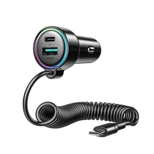 Joyroom automobilinis įkroviklis 3-in-1, C+U su Type-C Coiled laidas 1.6m, 72 W, (JR-CL07), juoda spalva
