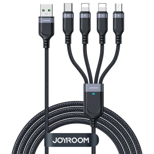 Joyroom 4-in-1 USB - Lightning/ Lightning/ Type-C/ Micro USB laidas Multi-Color Series A18, 3.5A, 1.2m, (S-1T4018A18l), juoda