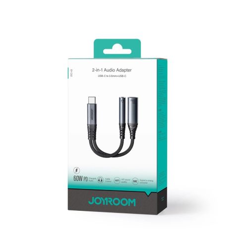 Joyroom adapteris DAC 2-in-1 Type-C į 3.5 mm Mini Jack/ Type-C, 60 W, 0.14m, (SY-C02), juoda spalva