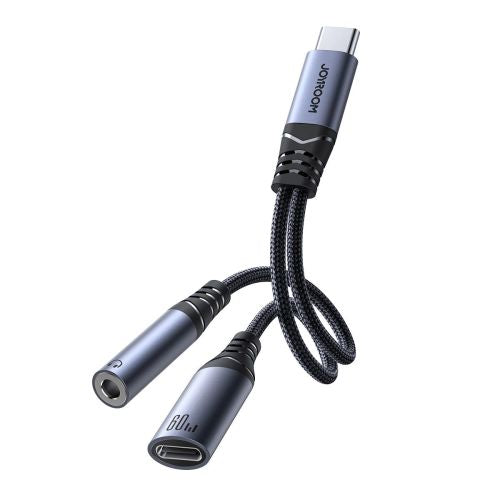Joyroom adapteris DAC 2-in-1 Type-C į 3.5 mm Mini Jack/ Type-C, 60 W, 0.14m, (SY-C02), juoda spalva