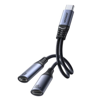 Joyroom adapteris DAC 2-in-1 Type-C į Type-C/ Type-C, 60 W, 0.14m, (SY-C03), juoda spalva