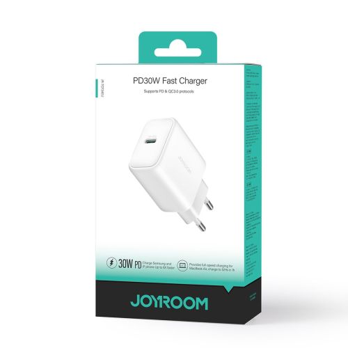 Joyroom kelioninis įkroviklis Type-C. PD 30 W, SFC, PPS, (JR-TCF24), balta spalva