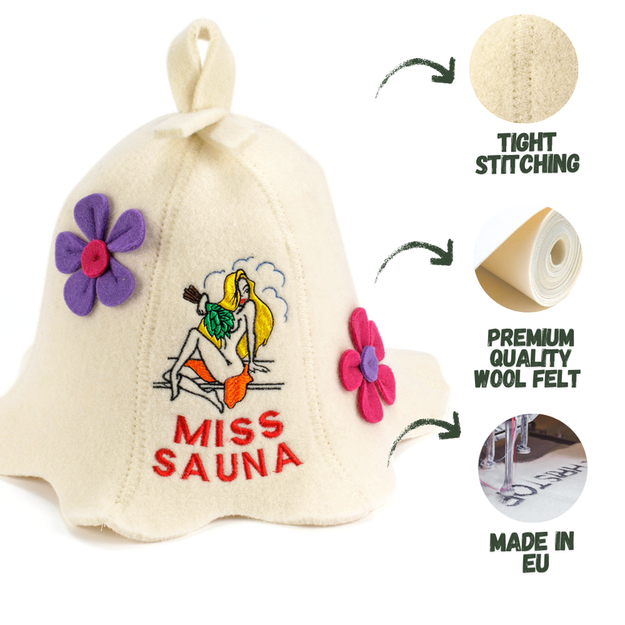 Czapka do sauny 'Miss Sauna' 100% wełna
