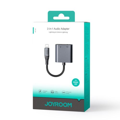 Joyroom adapteris DAC 2-in-1 Lightning į Lightning/ 3.5 mm Mini Jack, 2.4A, 0.12m, (SY-L01), juoda spalva