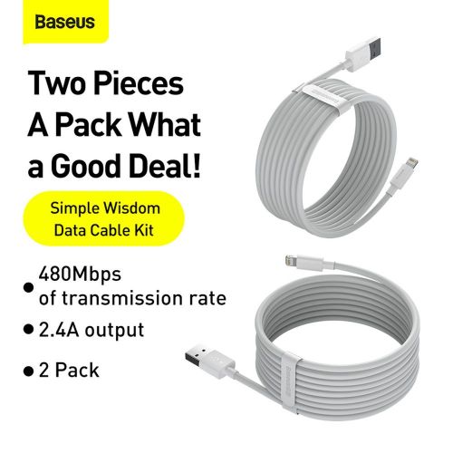 Baseus Lightning Simple Wisdom laidas (2 vnt./set) 2.4A 1.5m (TZCALZJ-02), balta spalva